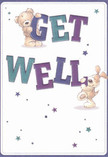 This charming get well card shimmers with warmth and cheerful optimism, brought to life by two playful companions-a teddy bear and an eager puppy-who seem to leap from the page, balancing and embracing the bold, colourful letterforms of 'Get Well'. The flowing indigo and teal text glows against a luminous cream background, much like the vibrant window displays that brighten Penge's streets. Across the card, stars twinkle in gentle blues and purples, their shapes adding a soft, magical dimension reminiscent of a clear evening sky above Cator Park. The bear's inviting, cuddly fur and the floppy-eared puppy's gentle posture radiate comfort and friendliness, offering a visual embrace akin to holding a hand-picked posy arranged by Penge's own florists. This card passes along not just words, but an emotional balm: it blends innocence with genuine kindness, expressing the community's desire to help someone along the path to recovery. Whether slipped alongside a bunch of blooms or delivered with a smile, it promises a piece of Penge warmth and hope from sender to recipient.